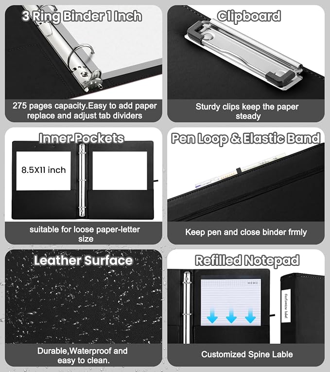 3 Ring Binder with Clipboard,1 Inch Binders with Notepad&5 Dividers with Pockets, Labels,PU Clipboards for School Office(Black,Letter Size)