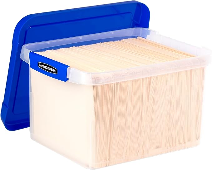 Bankers Box Heavy-Duty Plastic File Box, Letter/Legal | Protect letter/legal files in a heavy-duty plastic box with hanging rails built for durable, grab-and-go storage.