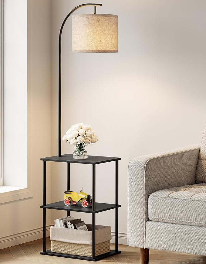 Floor Lamp with Table, Night Stand with Lamp, Narrow Side Table with 3CCT LED Bulb, Small Coffee Table, Modern End Table with Storage Shelves for Living Room Bedroom Home Décor, Black