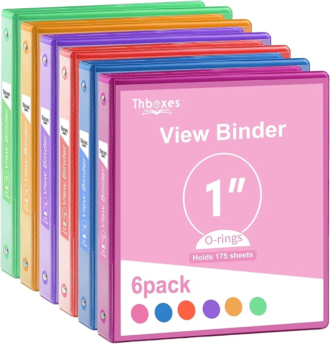 6 Pack 3 Ring Binder, 1 Inch Binder, Round Ring Binders | 2 Interior Pockets & Clear View Overlay, Large Capacity, for Office Supplies, School, Home - 6 Colors, Rainbow Colors