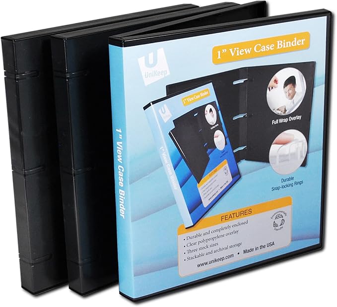 UniKeep 3 Ring View Binder - Binder Case is Fully Enclosed - Available in White, Clear, or Black and in Different Spine Sizes (Pack of 3, Black, 1.0 Inch)