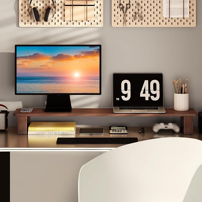 Ufine Dual Monitor Stand Riser 39.3 Inch Wood Desk Shelf Desktop Organizer | 2 Heights Adjustable, Ergonomic Computer Monitor Stand for 2 Monitors, Laptop, TV, Printer