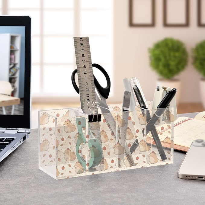Cartoon Capybara Acrylic Printed Pen Holder 4 Compartments, Acrylic Plastic Pen Holder Cosmetic Brush Holder Desk Pen Holder Marker Organizer Square Acrylic Pen Holder 4 Compartments
