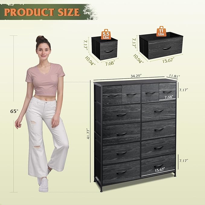 WLIVE Tall Dresser for Bedroom with 12 Drawers, Dressers & Chests of Drawers, Fabric Dresser for Closet, Living Room, Storage Dressers with Storage Drawers, Wood Top, Charcoal Black Wood Grain Print