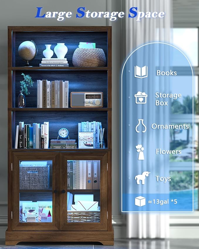 TVU 5-Tier Bookshelf, 65" Bookshelf with Multi-Color Ambient Lights (APP Remote Control), Tall Display Shelf with Cabinet Doors, Suitable for Living Room, Bedroom, Study, Office, Rustic Brown