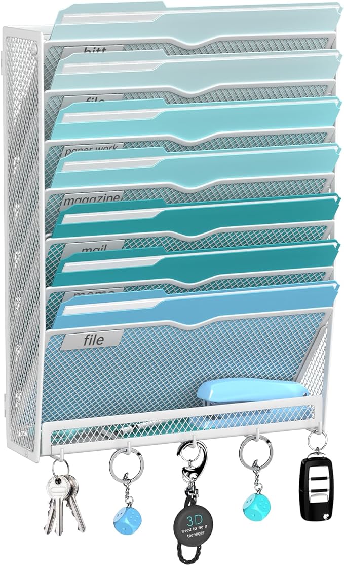 8-Tier Wall File Organizer and Mail Organizer with 5 Hooks, White | Label slots, curved openings, 5 key hooks, and a bottom tray support organized mail, file, and everyday item storage.