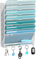 8-Tier Wall File Organizer and Mail Organizer with 5 Hooks, White | Label slots, curved openings, 5 key hooks, and a bottom tray support organized mail, file, and everyday item storage.