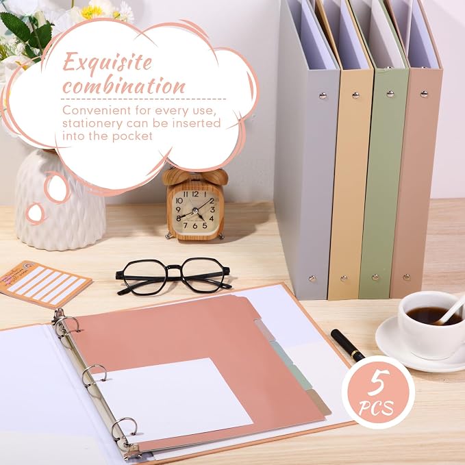 Ctosree 5 Sets 1 Inch Heavy Duty 3 Ring Binder with 2 Pockets with 5 Tab Dividers 8.5 x 11 Inch Plastic Film and File Folder Labels for Letter Size Paper Office Home Supplies(Pastel Color)