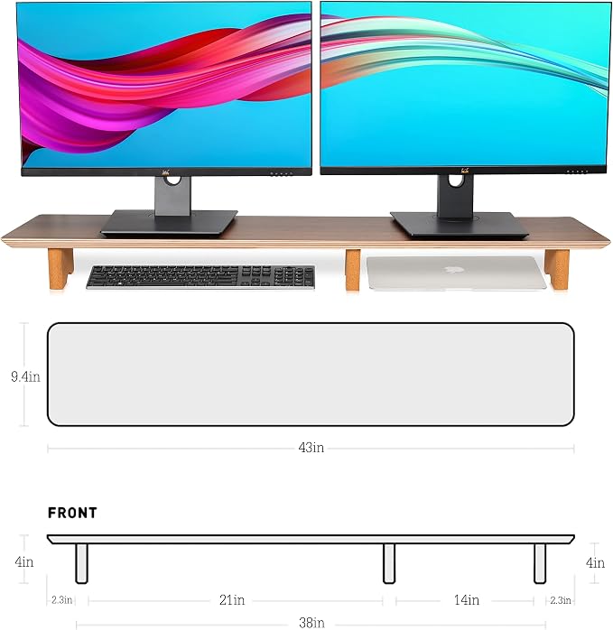 Aothia Solid Wood Dual Monitor Stand Riser for Desk, 43 Inch Black Walnut Computer Monitor Riser with Cork Legs, Extra Long Desktop Organizer Shelf for 2 Monitors, Laptop & Printer