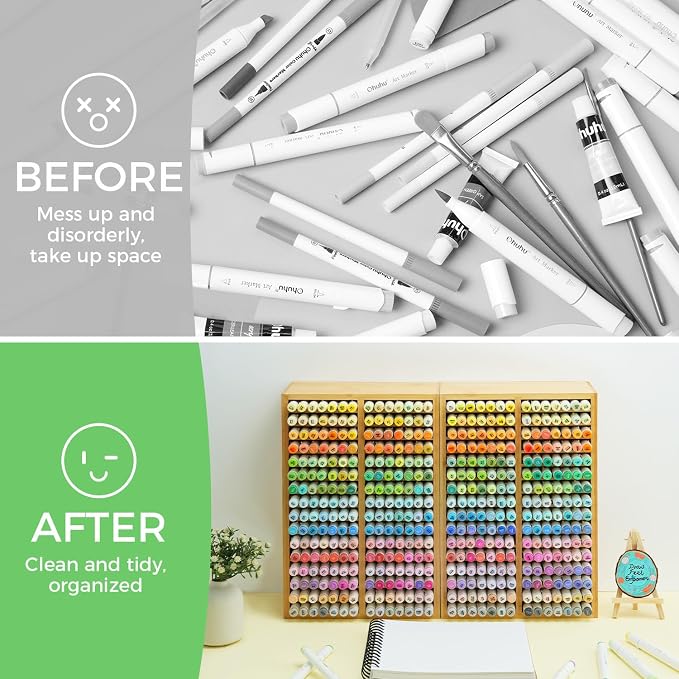 Ohuhu Bamboo Marker Organizer Hold 224 Markers for Honolulu Oahu Series | Markers Pens Pencils Stationary Organizer Holder Desktop Storage with 32 Compartments for Classroom Office Decor Home