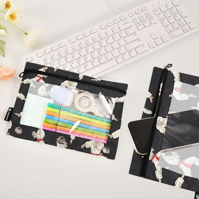 Custom Karate Black Pencil Pouch for 3 Ring Binder, 2 Pack Personalized Name Waterproof Pencil Bags Clear Window Pencil Case School Office Supplies