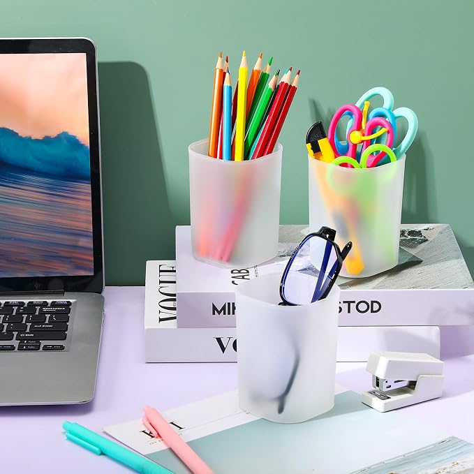 30 Pack Pen Holder Pen Cups for Desk Organizers and Storage Stationery Plastic Matte Pencil Holder Cups Ins Style Transparent for Office School Supplies (White)