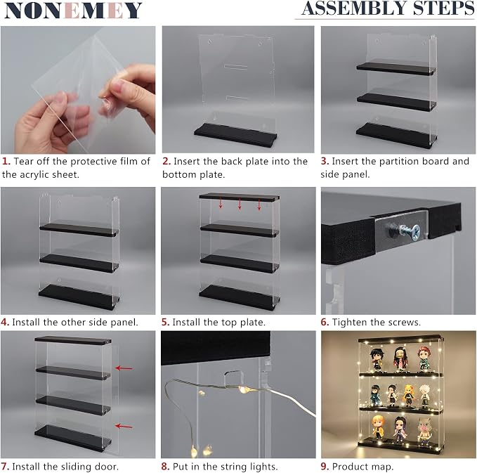 NONEMEY Clear Acrylic Display Case Stand 3 Tier Storage Box Wall Mount Showcase Dustproof Organizer Box for Collectibles (Black 3Tier 12×3.3×15inch)