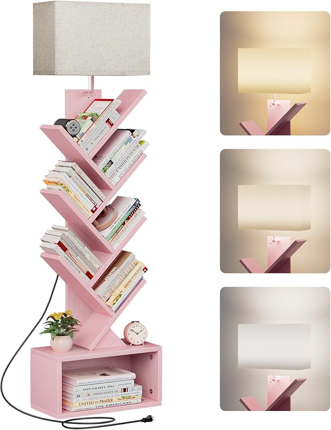 Evermagin 6 Tier Tree Bookshelf with Light, Bookcase, Pink | Narrow Tower Design, Storage Cabinet for Book Organization, Tall Floor Standing Use, Living Room, Bedroom and Home Office