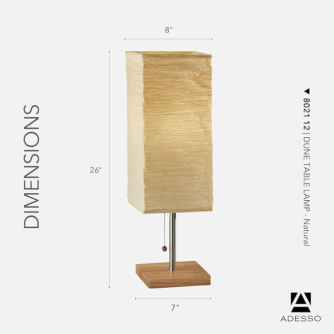 Adesso Table Lamp, Brushed Steel & Off-White, Pull Chain, 26”