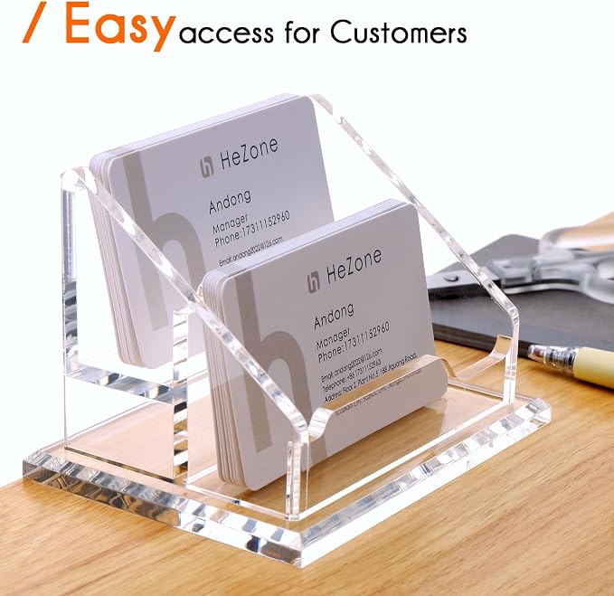 HeZone Acrylic Business Card Holder For Desk Clear Business Card Display Stand 2 Tier 2 Slots Business Cards Holders for Men And Woman, Organize 100 Cards-1 Pack (2 Solt-H)