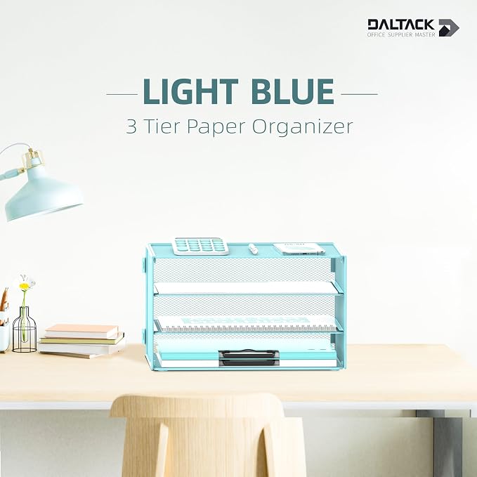 DALTACK 3 Tier Letter Tray Paper Organizer with Sliding Mesh Trays Blue | Metal Mesh File Organizer with Sliding Trays for Letter and A4 Paper, Mail, Bills, Folders and Office Documents