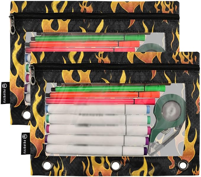 Custom Yellow Orange Fire Flames Pencil Pouch for 3 Ring Binder, 2 Pack Personalized Name Waterproof Pencil Bags Clear Window Pencil Case School Office Supplies