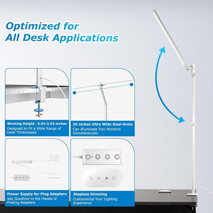 Airlonv LED Desk Lamp, Double Swing Arm Wide Lighting Area Desk Lamps for Home Office with Stepless Dimming, Eye-Caring Architect Desk Light with Clamp for Reading, Study, Workbench, Drafting(White)
