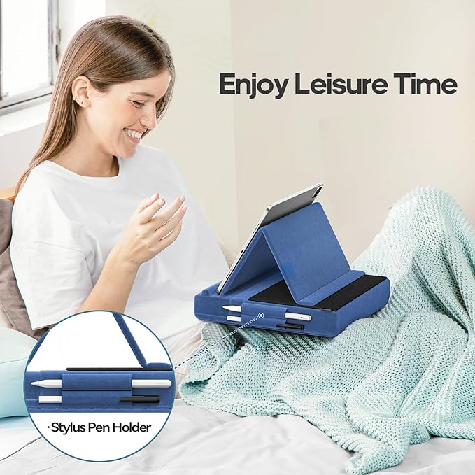 KDD Tablet Pillow Stand, Multi-Angle Viewing Ipad Holder for Lap, Bed and Desk, Foldable Soft Pad Dock with Stylus Mount Compatible with Ipad Pro 12.9, 10.5, 11, Air, Mini, Phones, Books, E-Reader