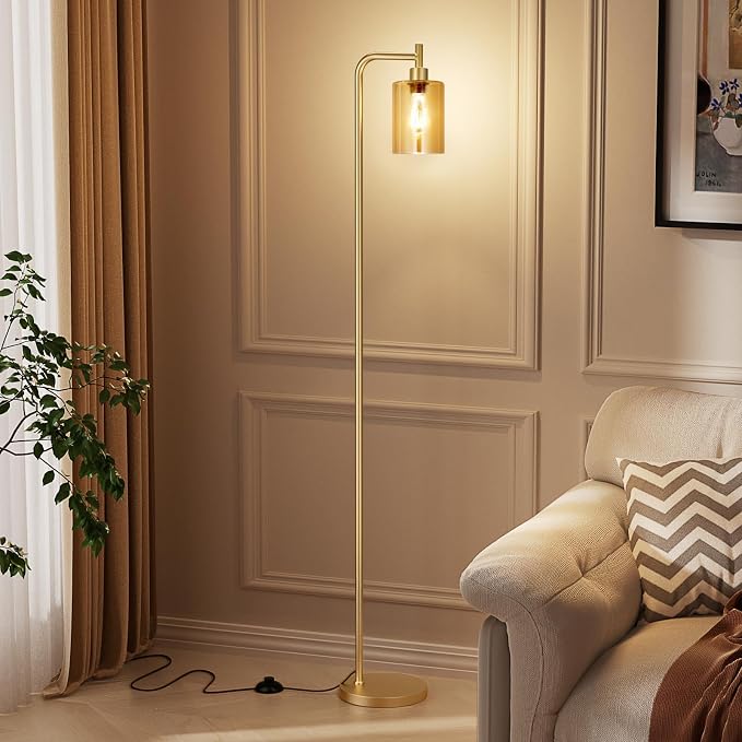 Ziisee Floor Lamps for Living Room - Gold Standing Lamp with Amber Glass Shade, Modern Floor Lamp with LED Bulbs, Bright Industrial Floor Lamp for Bedroom, Farmhouse Tall Lamp for Office