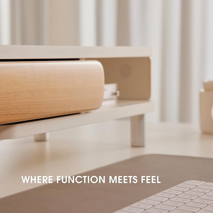 Fenge Dual Monitor Stand with Large Storage Drawer, 42.5" Dsek Shelf, White | Slide-Out Drawer with Wood Grain Finish, Ergonomic Monitor Riser, Aluminum leg, 2-Tier Desk Organizer for Laptop, TV, PC