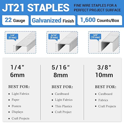 meite JT21 Staples, 1/4 Inch Galvanized Fine Wire Staples for Staple Gun - 7/16" Crown JT21 Staple Refill, Ideal for Upholstery, Crafts, Furniture (5 Packs)