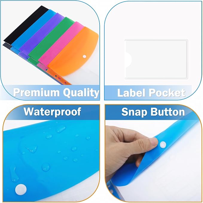 24 Pack A4 Binder Pockets Organizer Folders, 6 Colors | Binder Pockets For 2 3 4 Ring, Snap Button And Label, Expandable Plastic Envelopes for Office
