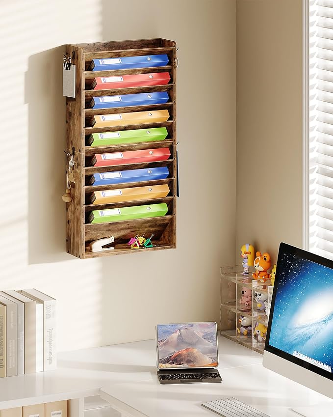 Wall File Organizer, 10-Tier Hanging Mail Organizer, Wall Mount File Holder with 4 Side Hooks, Mail and Storage Organizer, Wooden Vertical Hanging Holder for Office, Rustic Brown MWJ03FG