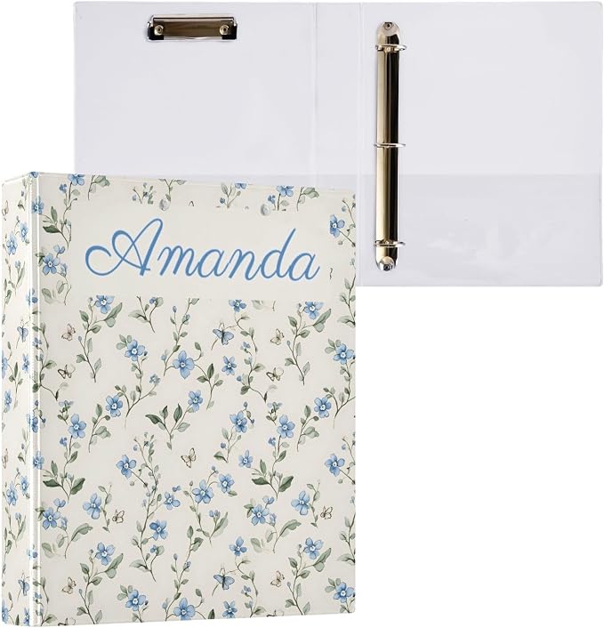 Custom Personalized Name Blue Flowers Pattern 3 Ring Binder 1.5 Inch