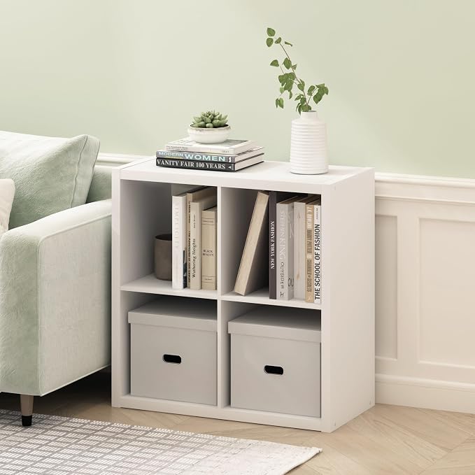 Furinno Cubicle Book Shelf, 4-Cube Bookshelf, Extra Thick Frame Reversible Bookcase with Open Back, 14.6 x 30 x 30, for Living Room, Bedroom, Home Office, Plain White