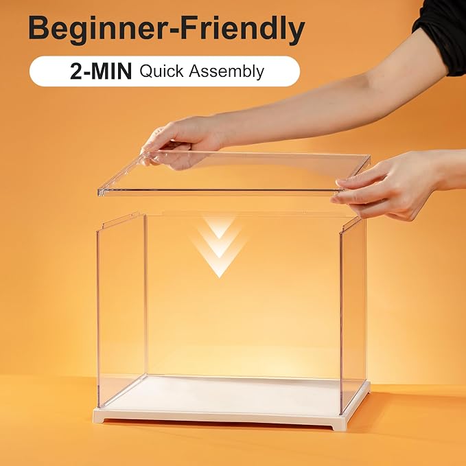Rolife Acrylic Display Case for Miniature House and Collectibles, Clear Dust Cover Showcase with Door, Stackable Storage Box with White Base(8.1 x 6.9 x 5.4in)