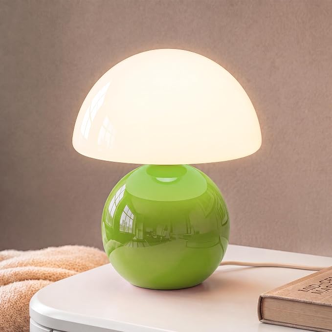 Mushroom Lamp Table Lamp for Bedroom-Small Desk Table Lamps,Green | 8.7" Mid Century Modern Table Lamps for Living Room Bedroom Decor,Cute Ceramic Lamps for Mushroom Home Room Decor,Glass Shade