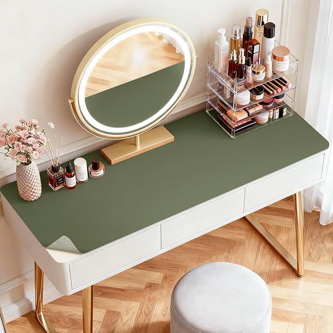 LovePads Makeup Mat for Vanity, 17" x 28" PVC Desk Mat & Dresser Cover Top | Waterproof Desk Protector, Vanity and Desk Accessories; Wipes Clean, Ideal for Writing, Nail Art, Craft Table, Green+Grey