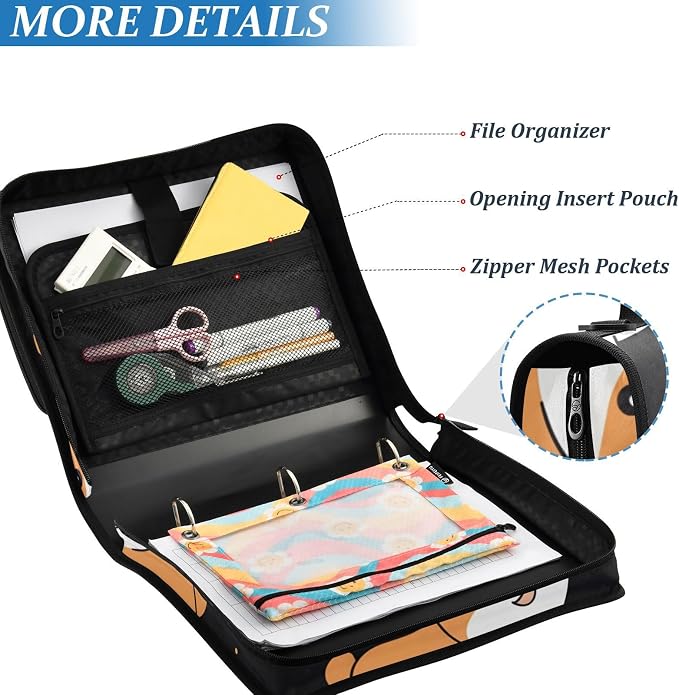 3 Ring Zipper Binder with Shoulder Strap Corgis Dog Star Black 1.5 inch Binders Keeper Large Capacity Multi Pockets for School Office Supplies