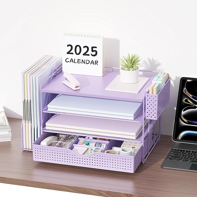 gianotter Wood Desk Organizers and Accessories with File Holder, 4-Tier Desk Accessories & Workspace Organizers with Drawer and Pen Holder, Desk Reference Organizer (Purple, 4T with Drawer)