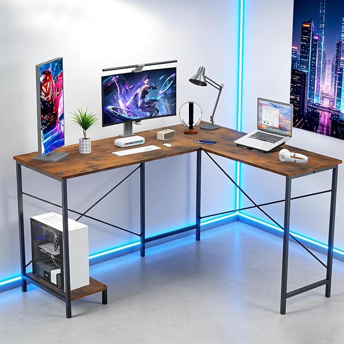 L Shaped Desk Computer Desk, 50inch Brown Gaming Desk with CPU Stand | Reversible Corner Desk, Sturdy Metal Frame, Student Study Writing Table for Home Office