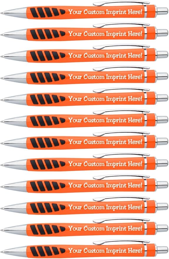 ExpressDesigns™ - Your Name or Imprint on our Custom Printed Addison Ballpoint Pen - Rubber Grip For Writing Comfort And Control, black ink, medium point - 12 Pack (Orange)