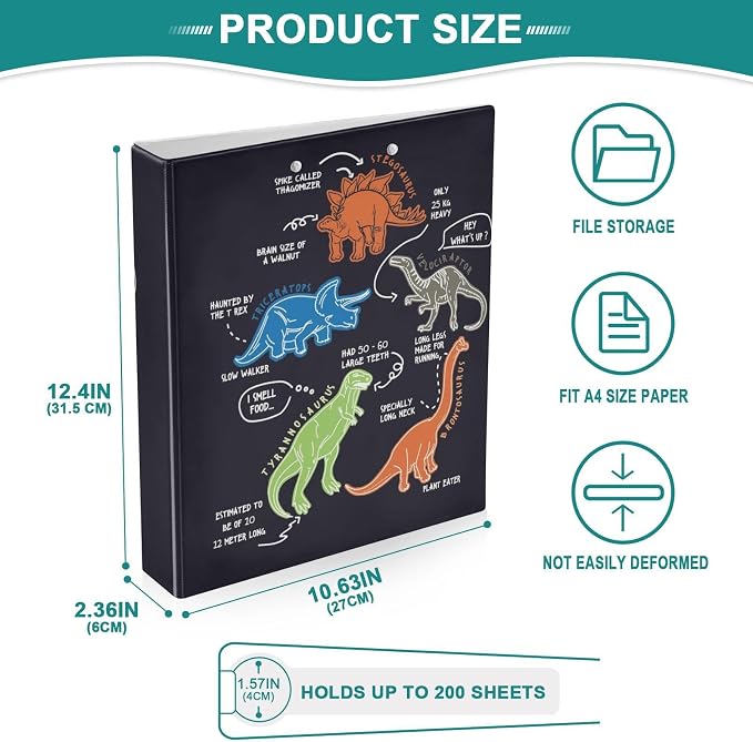 Dinosaur Cartoon Black Decorative 3 Ring Binder 1.5 Inch Large View Binders with Pockets File Organizer for Office College School, 1 Pack
