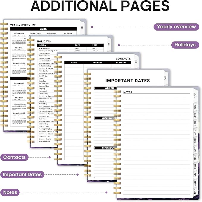 Planner 2026-2027, Monthly & Weekly Jul 2026-Jun 2027 Calendar Book | 6.3" x 8.5", Hardcover Spiral Planner with Tabs, School & Daily Pretty Agenda for Women, Students, Teachers, Violet Surge