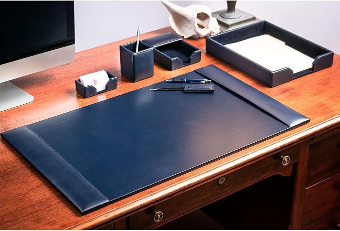 DACASSO Bonded Leather Desk Set - Luxury Leather Desk Pad & Desk Organization Essentials (Navy Blue, 6 Piece)