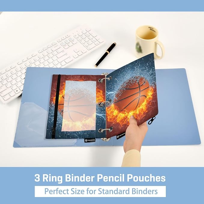 Basketball Ball Pencil Pouch for 3 Ring Binder, 2 Pack Waterproof Pencil Bags Clear Window Pencil Case Zipper School School Office Supplies