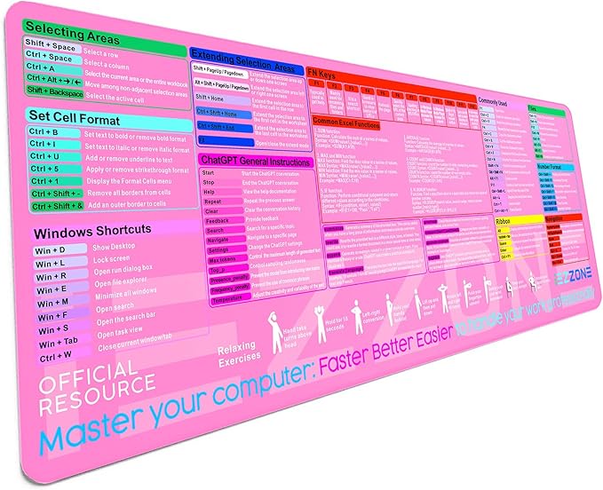 Excel Shortcut Keys Mouse Pad|Excel Cheat Sheet Desk Pad - Large XL Cheat Sheet Gaming Mouse pad | PC Office Spreadsheet Keyboard Mat | Non-Slip Stitched Edge(Pink)
