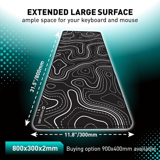Pixiecube Minimalist Topographic Map Mouse Pad - Contour Extended Large Stitch Edge Mousepad. Black & White Non-Slip XXL Gaming Desk Mat