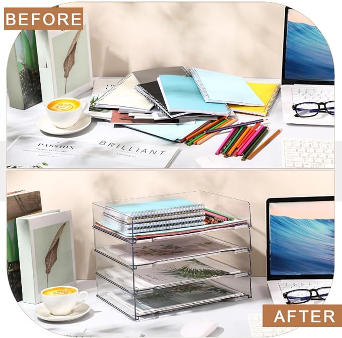 DoubleFill 12 Pcs Stackable Letter Tray Rectangular Plastic Desk Organizer 13 x 9.5 x 2.6 in Paper Holder File Tray Accessories Rack for Desktop Office Desk Drawers (Clear)