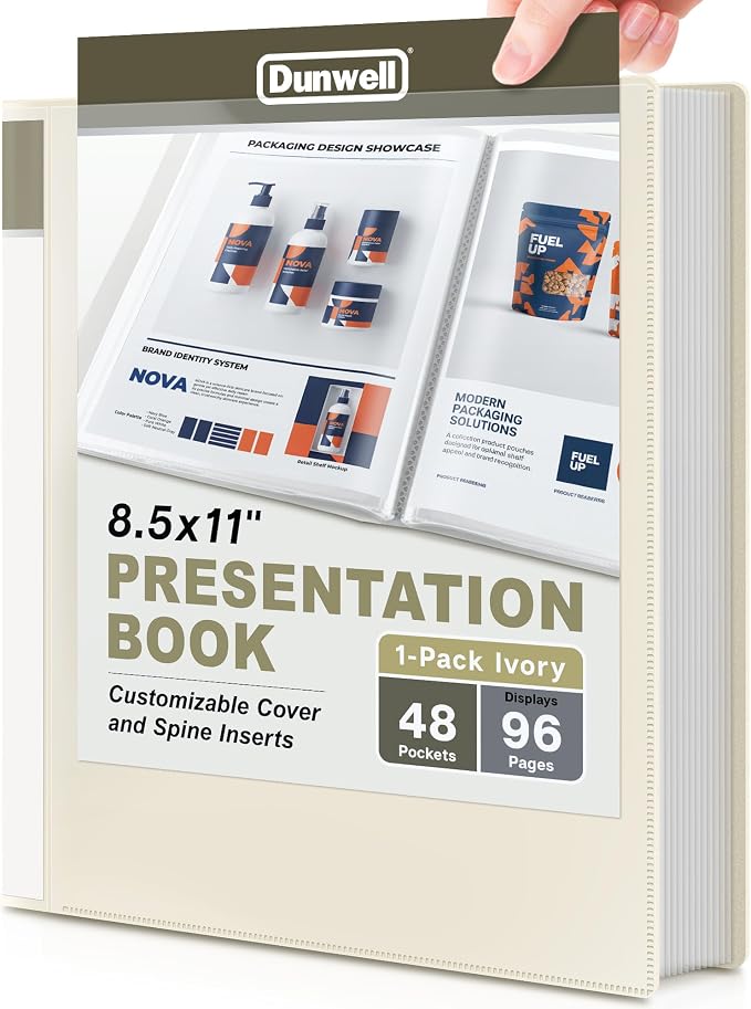 Dunwell Presentation Binder 48-Pocket, Displays 96 Pages, 8.5x11 Portfolio Binder with Plastic Sleeves, Storage and Organizer for Documents, Photos, Kids Artwork, Projects, Recipes (Ivory)