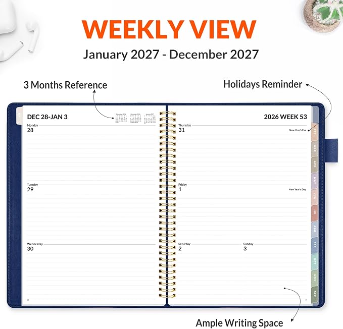 SUNEE 2027 Weekly & Monthly Planner 9"x11.2"- 12 Month (January 2027 - December 2027), Vegan Leather Cover, Pocket, Bookmark, Notes, Monthly Tab, Deep Blue
