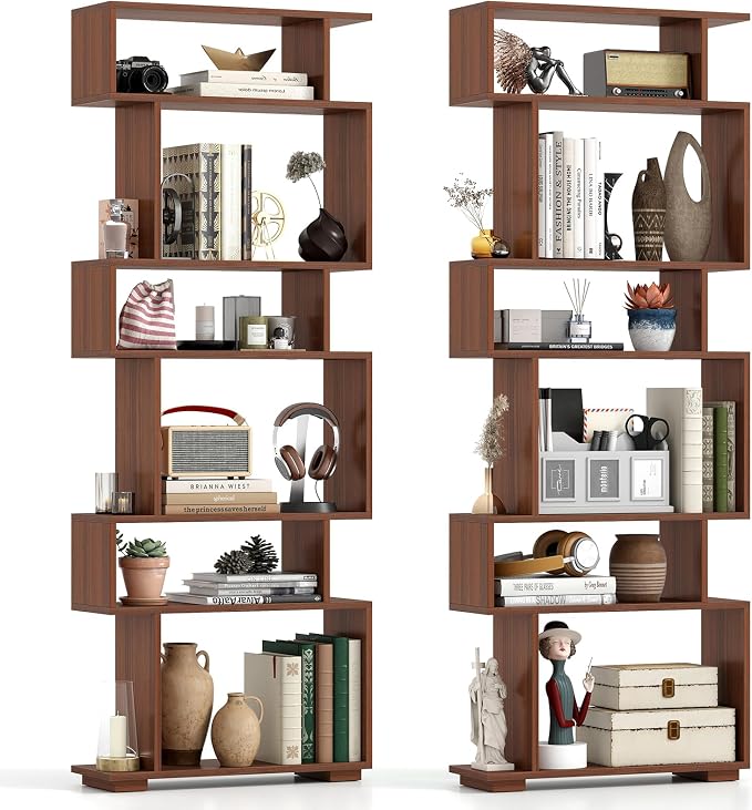 Tangkula 6-Tier S-Shaped Bookshelf, 64" Freestanding Geometric Bookcase, Home Office Wood Storage Shelf with Anti-Toppling Device, Room Divider Display Rack for Study, Living Room (2, Walnut)