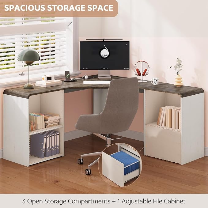 59'' Reversible L-Shaped Computer Desk, White | Corner Desk w/ Fluted Storage, Sliding Doors, Drawers & 4AC+USB-C. Reversible Fits Any Room Layout For Home Office