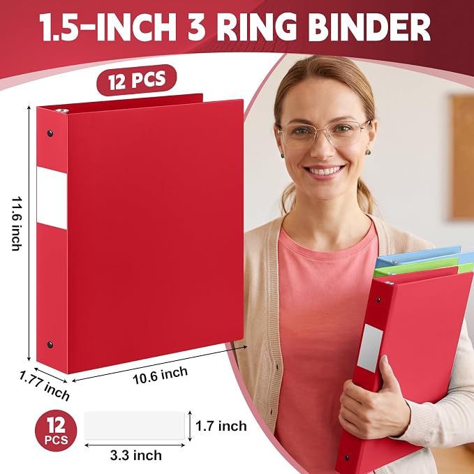 Henoyso 12 Pcs 1.5" 3 Ring Binders, Colored Binders, Multicolored | Flexible Soft Binders, for Office School Business, Fits Letter Size 8.5'' x 11'' Paper, Holds 100 Sheets with 2 Pockets